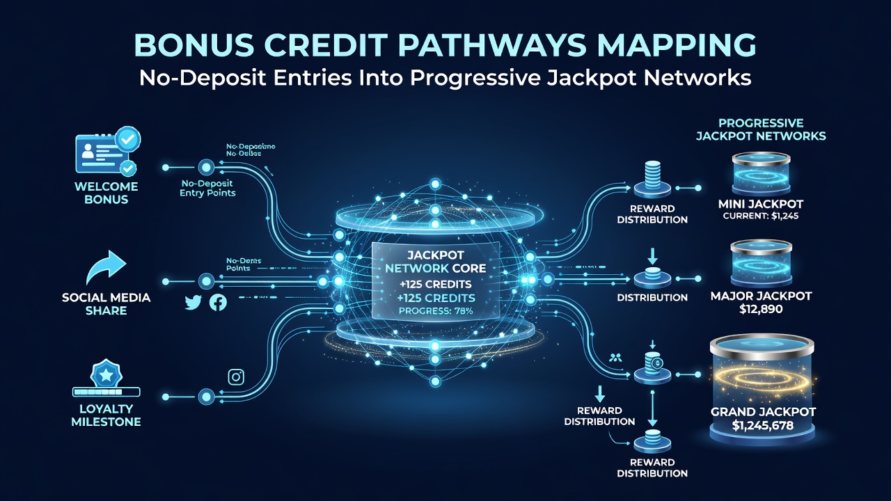 Diagram showing bonus credit pathways mapping no-deposit entries into progressive jackpot networks with flow arrows and network nodes