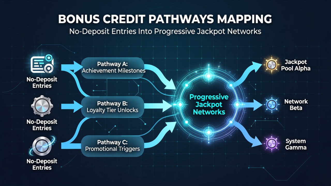 Network visualization of progressive jackpot pools receiving mapped bonus credits from no-deposit sources with highlighted contribution paths