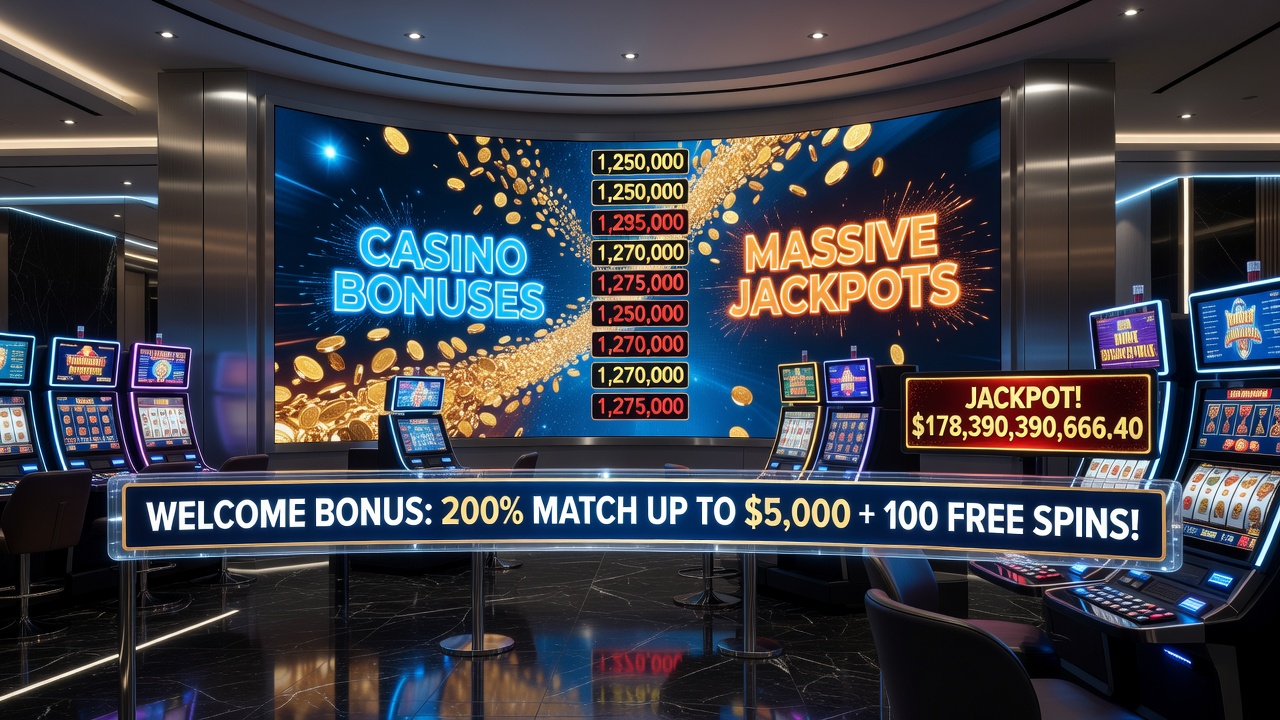 Casino floor with slot machines displaying jackpot progressions and bonus indicators