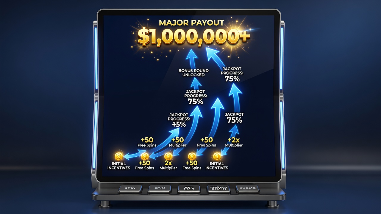 Flowchart of bonus progression stages leading to jackpot eligibility on progressive slot titles