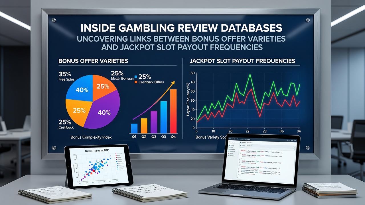 Gambling review database interface displaying bonus categories alongside jackpot slot performance metrics