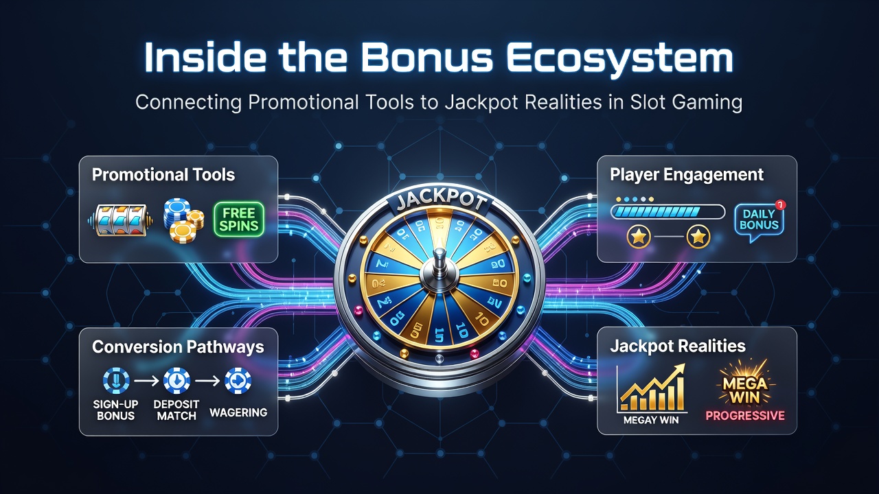 Diagram showing how slot bonuses feed into progressive jackpot pools with arrows connecting promotional tools to winning mechanics