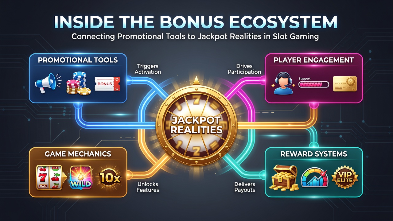 Infographic illustrating bonus buy mechanics feeding progressive jackpot pools in slot machines