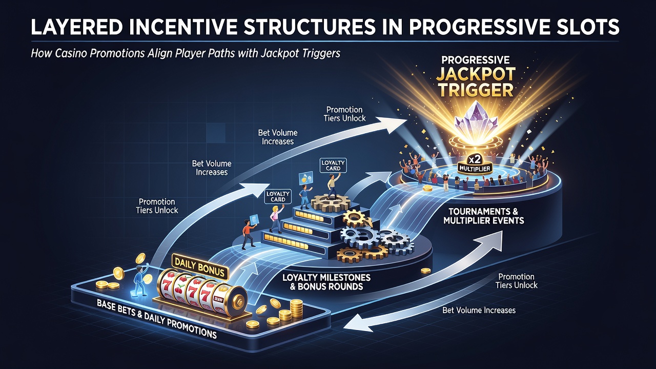 Diagram showing layered bonus structures connecting player progression to progressive jackpot triggers in slot machines