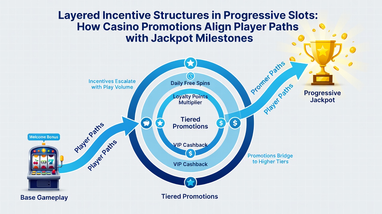 Illustration of player journey through stacked casino bonuses leading to progressive jackpot activation