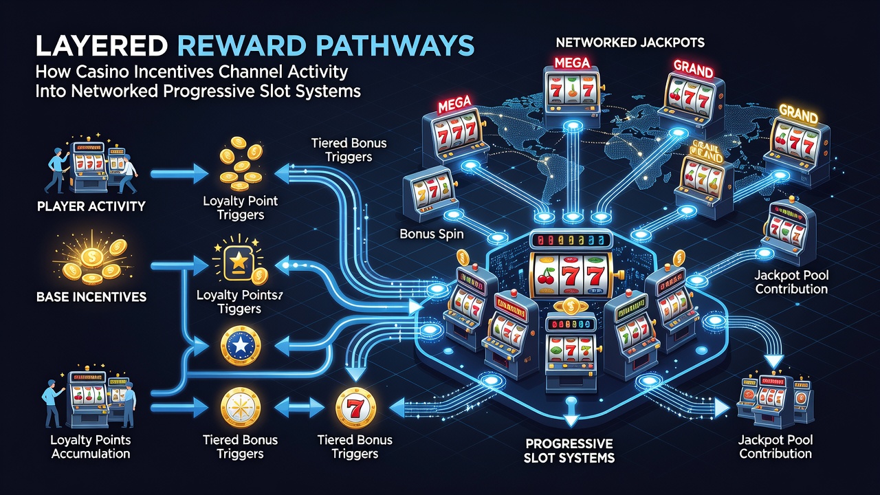 Diagram showing layered casino rewards flowing into networked progressive slot machines