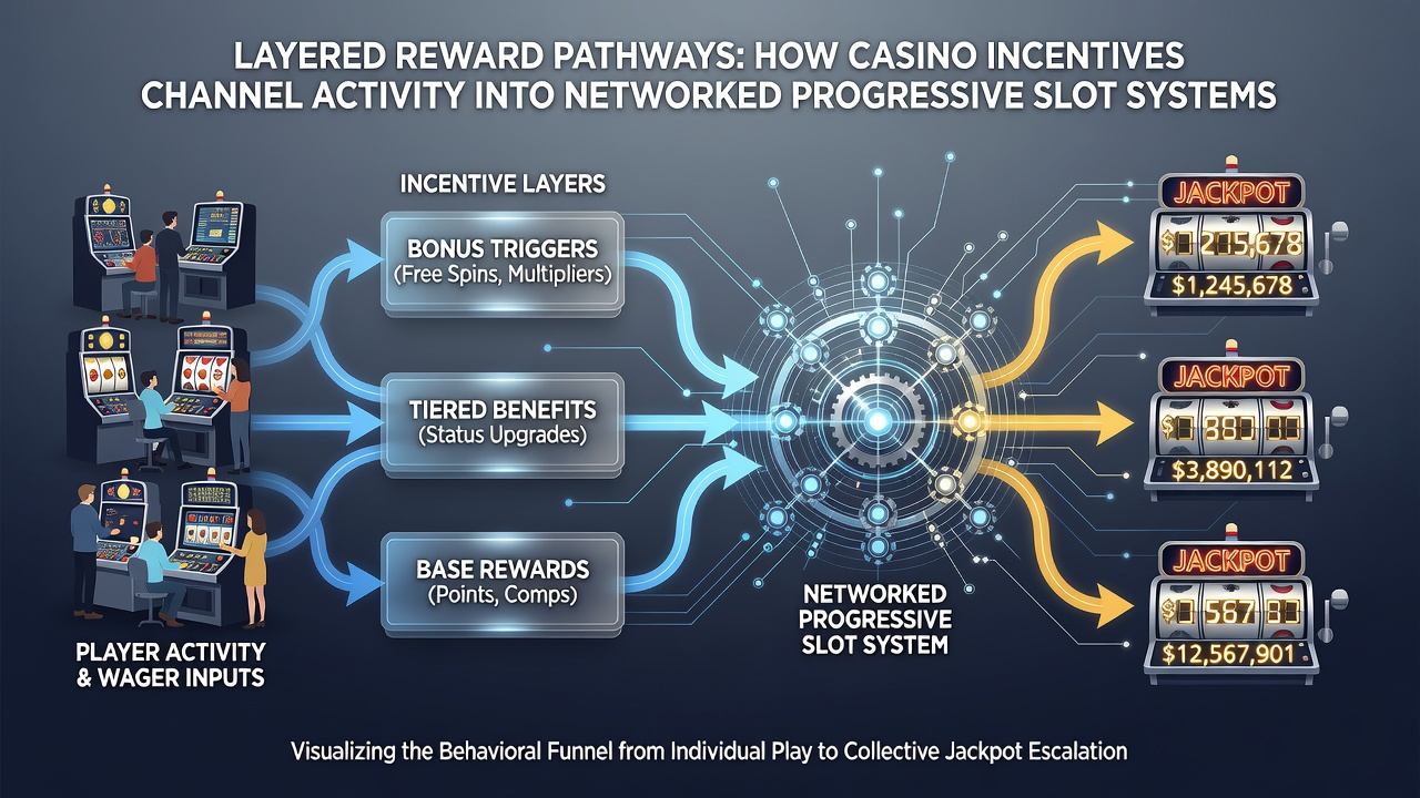Network diagram of progressive slot systems connected across multiple casino locations