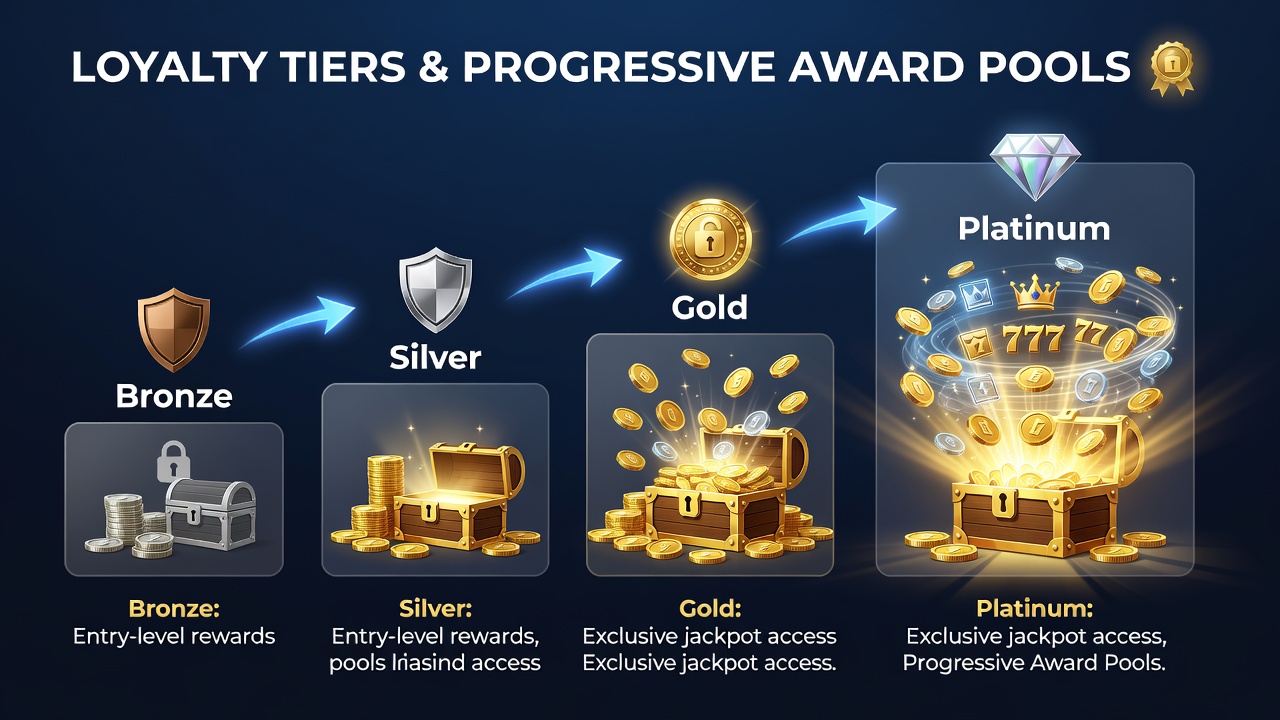 Screenshot of a digital casino loyalty dashboard displaying tier benefits and progressive pool access indicators