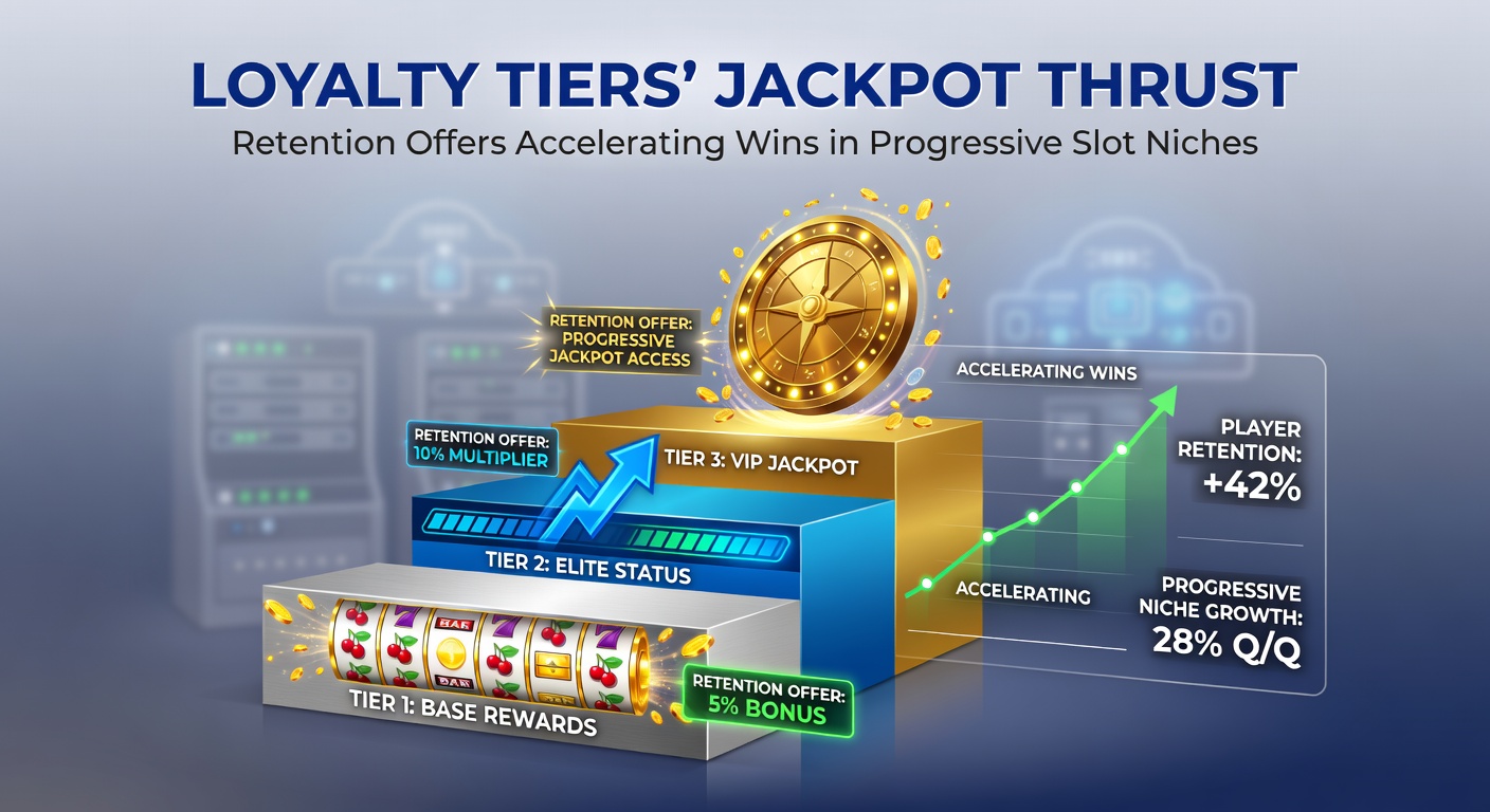 Graph showing rising jackpot wins tied to loyalty tier progression, with icons of slot reels and tier badges