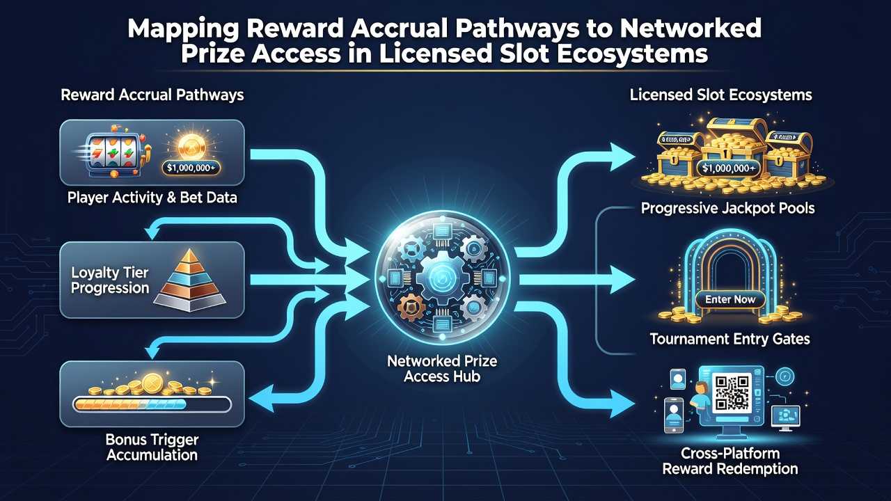 Illustration of networked prize access flows in licensed slot ecosystems
