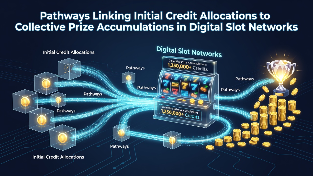 Network diagram showing credit flows from individual slots into shared jackpot pools across connected digital platforms