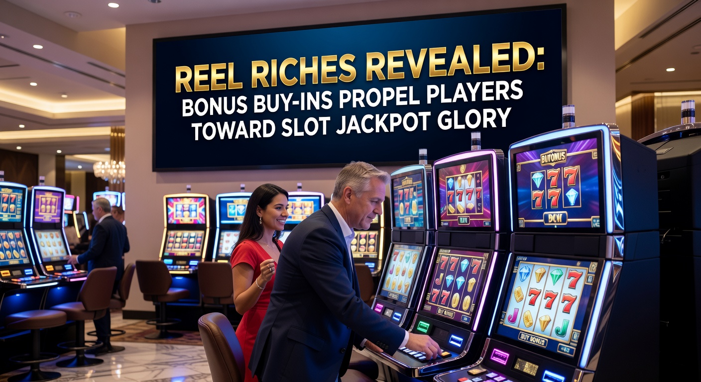Dynamic slot screen showcasing a glowing bonus buy button amid cascading reels and jackpot counters
