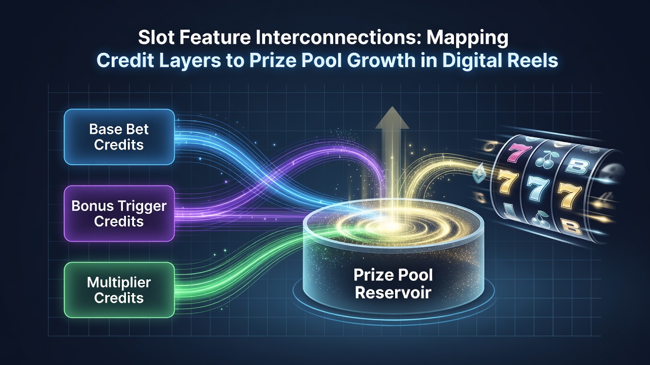 Diagram illustrating credit layer contributions flowing into interconnected prize pools within digital slot reels
