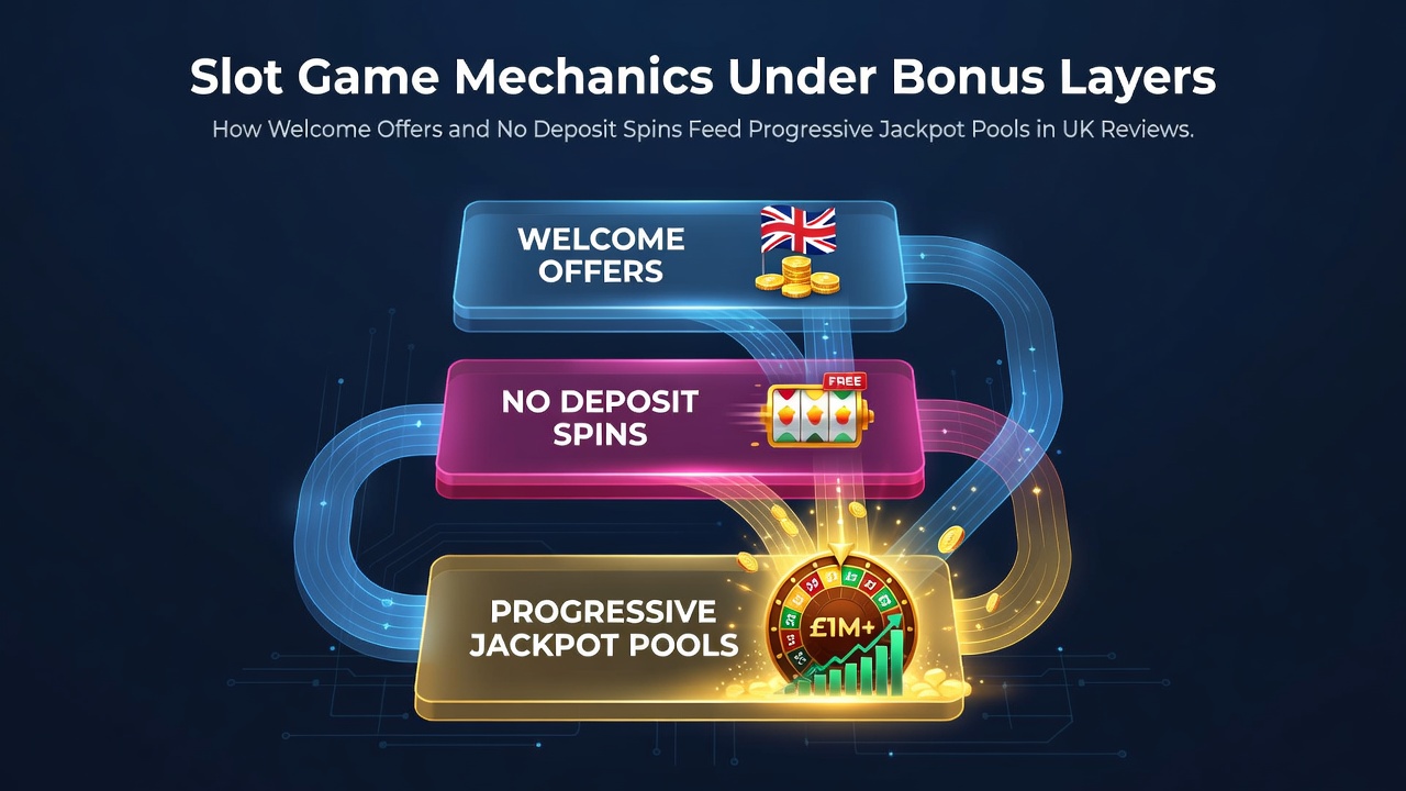 Diagram showing how welcome bonuses and no deposit spins contribute to progressive jackpot pools in slot games