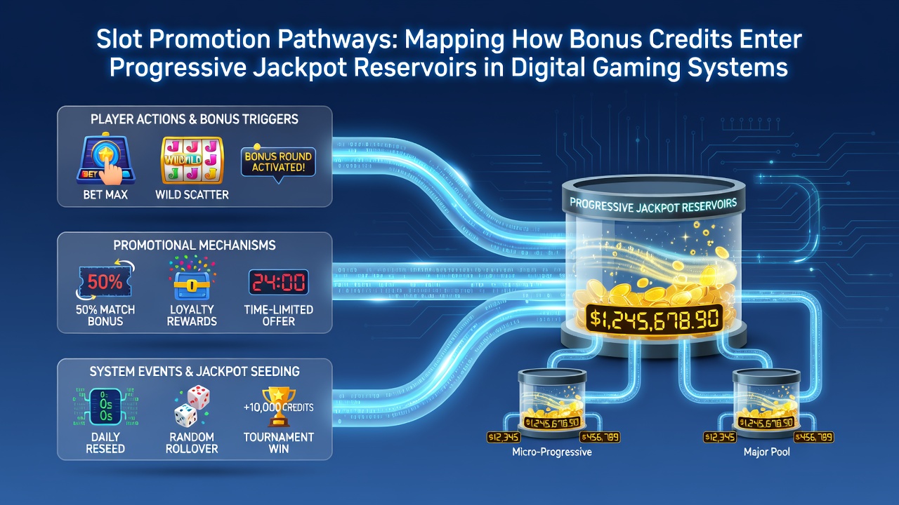 Diagram showing bonus credit flow into progressive jackpot reservoirs in digital slot systems
