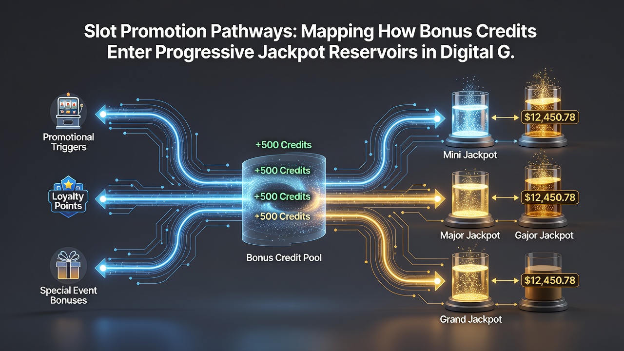 Flowchart illustrating bonus credit integration into progressive jackpot pools across digital gaming networks