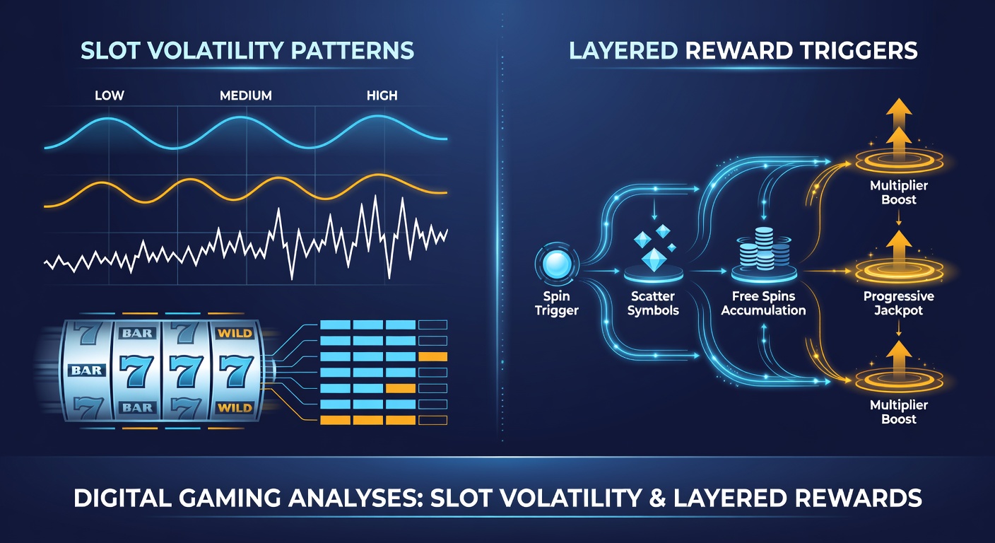 Digital slot interface displaying volatility indicators alongside layered bonus trigger symbols during gameplay analysis