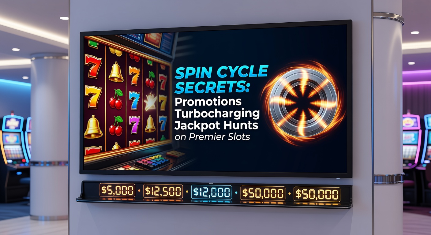 Dynamic slot reels spinning under glowing jackpot lights, overlaid with promo banners for free spins and bonus multipliers