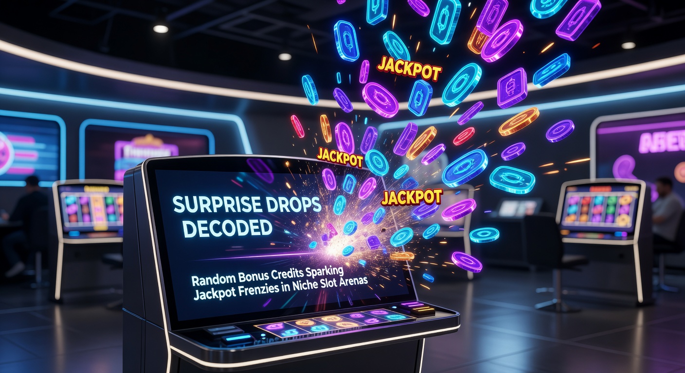 Vibrant slot machine screen showing unexpected bonus credits raining down amid flashing jackpot symbols in a dimly lit casino setting