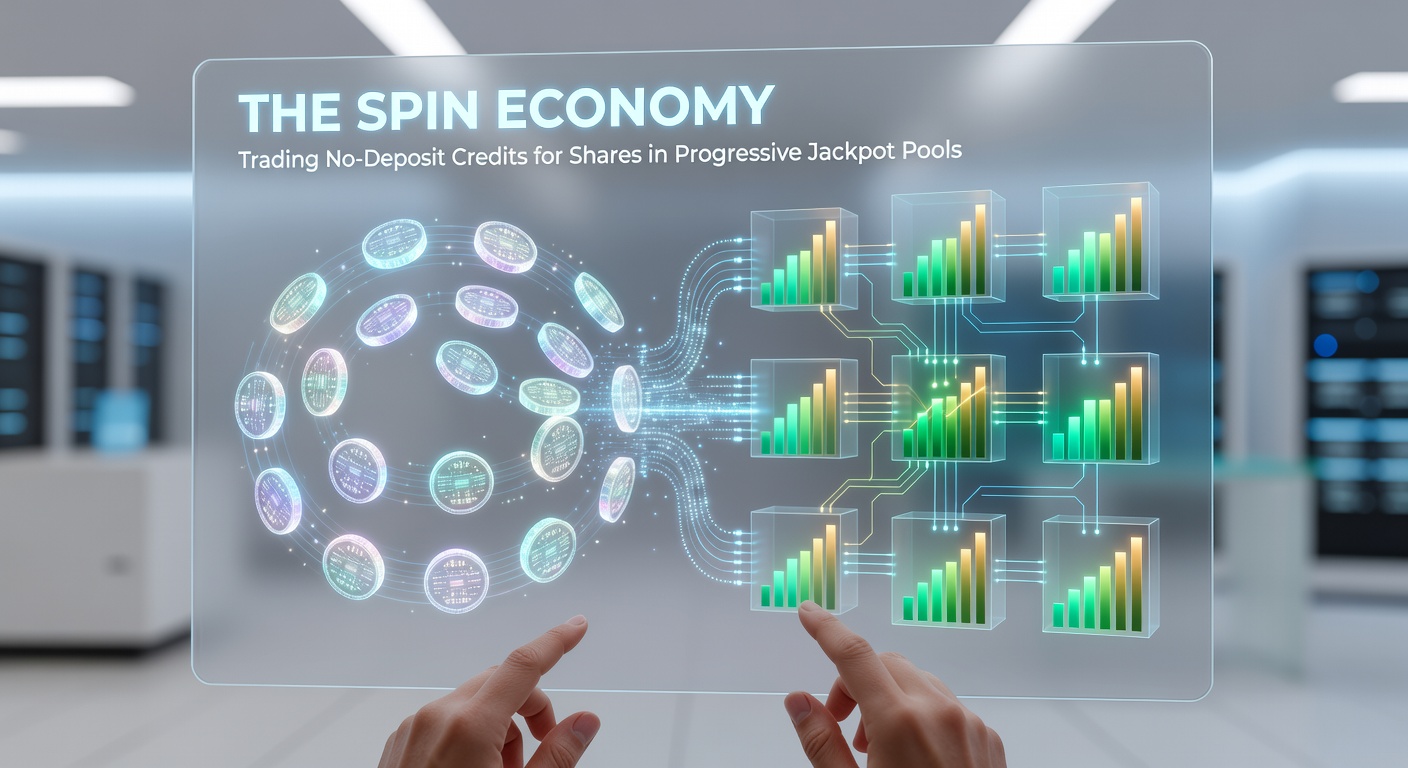 Screenshot of a casino dashboard displaying no-deposit spins converting to progressive jackpot shares, with rising pool meter and player equity tracker
