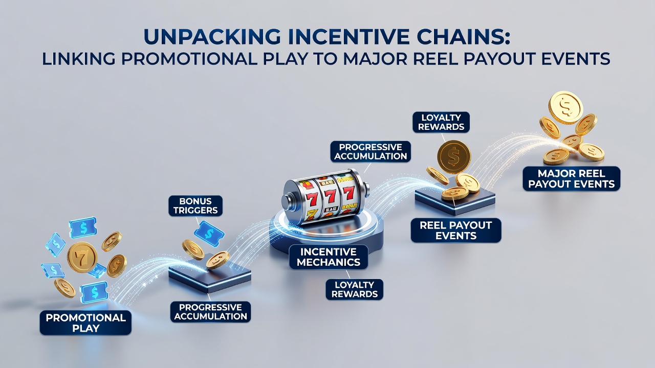 Flowchart of how bonus chains connect promotional play to reel payouts and jackpot events